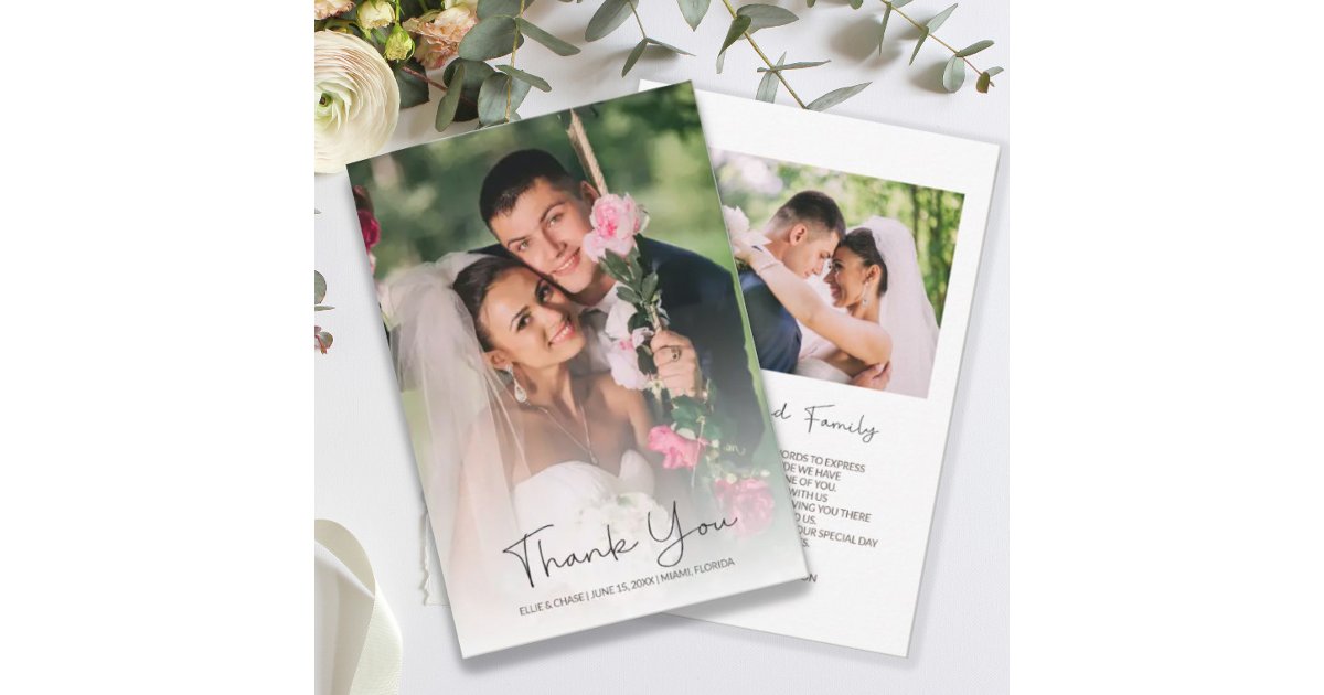 Modern Script Elegant Wedding Photo 2 Sides Thank You Card | Zazzle