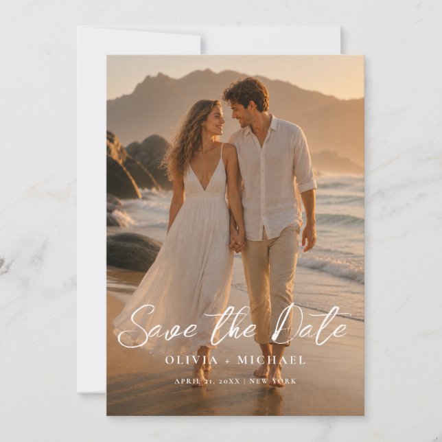 Modern Script Elegant Wedding Photo Save The Date Invitation (Front)
