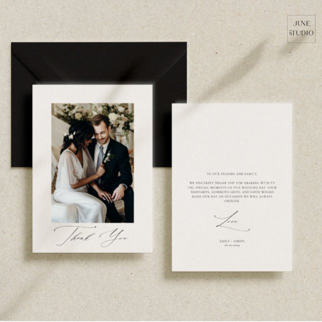 Modern Script Elegant Wedding Photo Thank You Card (modern wedding photo thank you card, double side thank you card, minimalist dainty script wedding)
