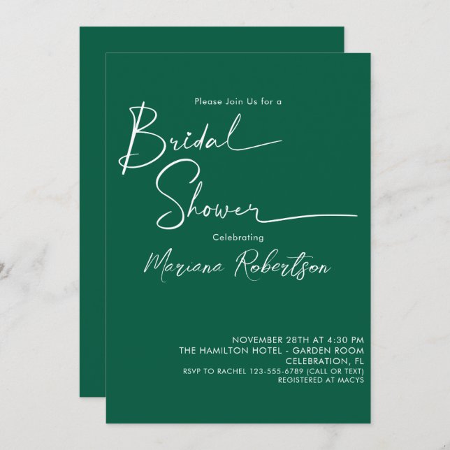 Modern Script Emerald Green Bridal Shower Invitation (Front/Back)