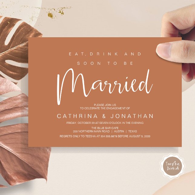 Modern Script, Engagement Dinner Party Celebration Invitation (Modern Script, Engagement Dinner Party Invitation Card, Eat, Drink, Soon To Be Married, in Rust)