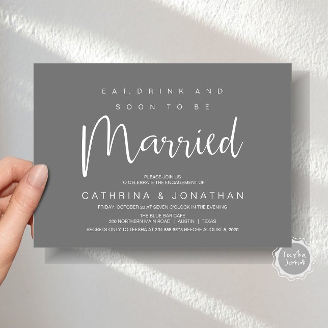 Modern Script, Engagement Dinner Party Celebration Invitation (Modern Script, Engagement Dinner Party Invitation Card, Eat, Drink, Soon To Be Married, Dark Grey)