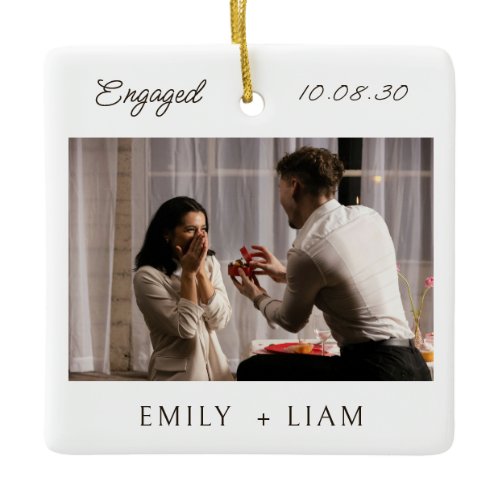 Modern Script Engagement Photo Keepsake  Ceramic Ornament