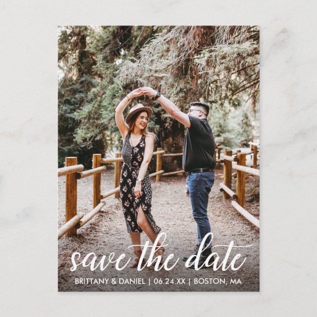 Modern Script Engagement Save The Date Photo Postcard (Front)