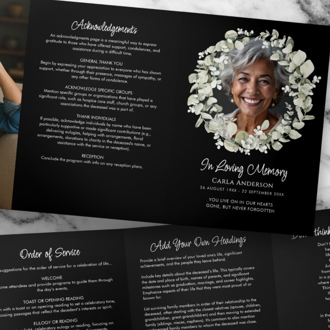 Modern Script Eucalyptus 2-Photo Funeral/Memorial Tri-Fold Program (Creator Uploaded)
