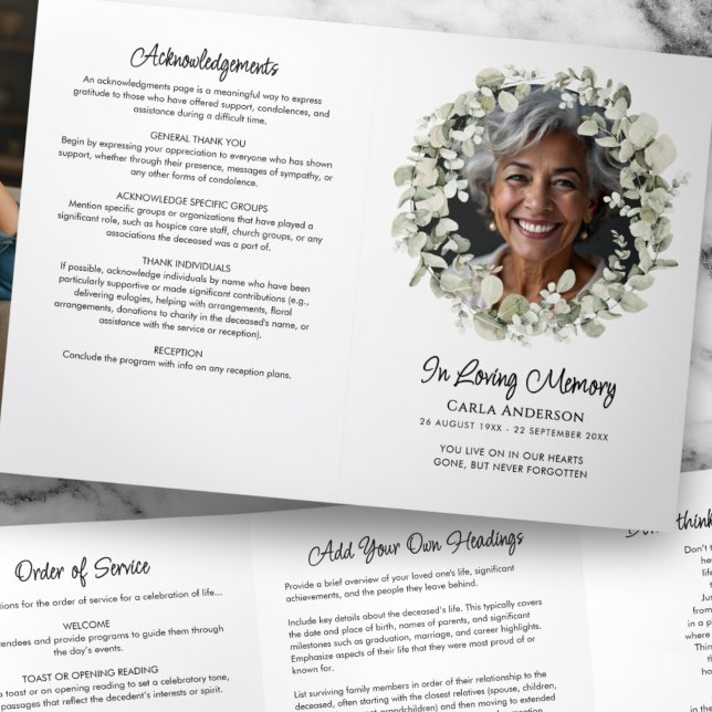 Modern Script Eucalyptus 2-Photo Funeral/Memorial Tri-Fold Program (Creator Uploaded)