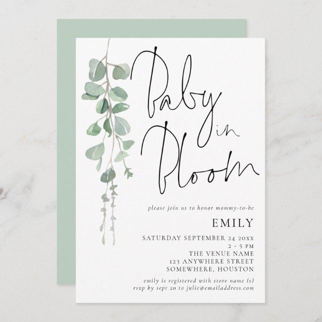 Modern Script Eucalyptus Baby in Bloom Shower Invitation (Front/Back)