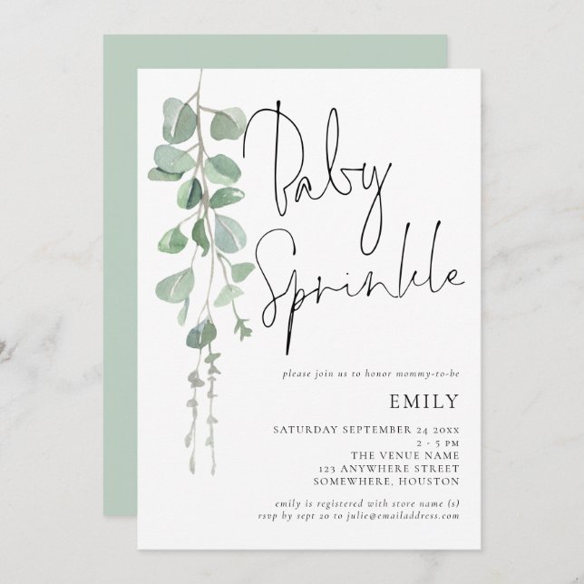 Modern Script Eucalyptus Baby Sprinkle Invitation (Front/Back)