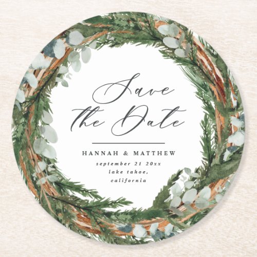 Modern script eucalyptus elegant wedding round paper coaster