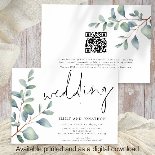 Modern Script Eucalyptus QR Code Wedding Invitation