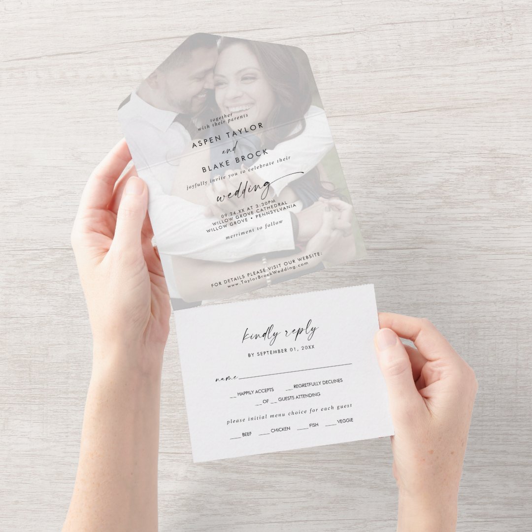 Modern Script Faded Photo Wedding All In One Invitation | Zazzle
