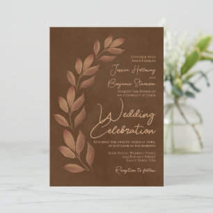 Modern Script & Fall Leaves Chestnut Brown Wedding Invitation