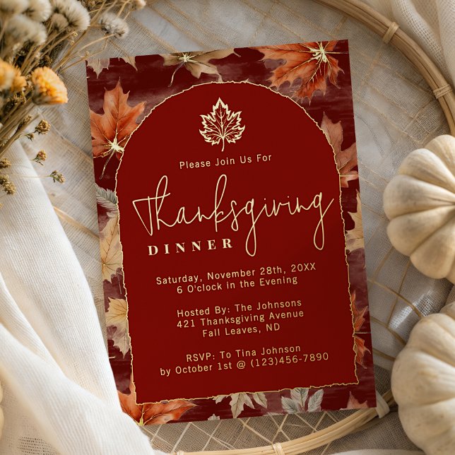 Modern Script Fall Leaves Thanksgiving Dinner Foil Invitation (Creator Uploaded)
