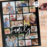 Modern Script FAMILY 19 Photo Collage Custom Color Jigsaw Puzzle<br><div class="desc">Create your own modern photo memories puzzle utilizing this easy-to-upload photo collage template with 19 pictures in various shapes and sizes and your name or custom title (shown with FAMILY) in chic handwritten script typography. CHANGES: Change the black background color and/or the title and text font style, size, color or...</div>