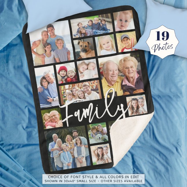 Modern Script FAMILY 19 Photo Collage Custom Color Sherpa Blanket (Creator Uploaded)