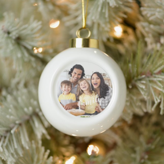 Modern Script FAMILY 2 Photos Custom Color Ceramic Ball Christmas Ornament (Tree)