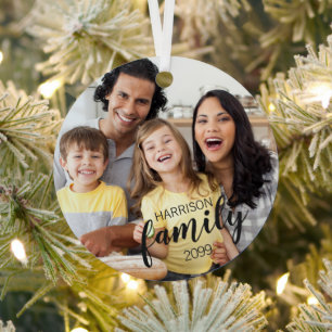 Modern Script FAMILY 2 Photos Custom Color Metal Ornament