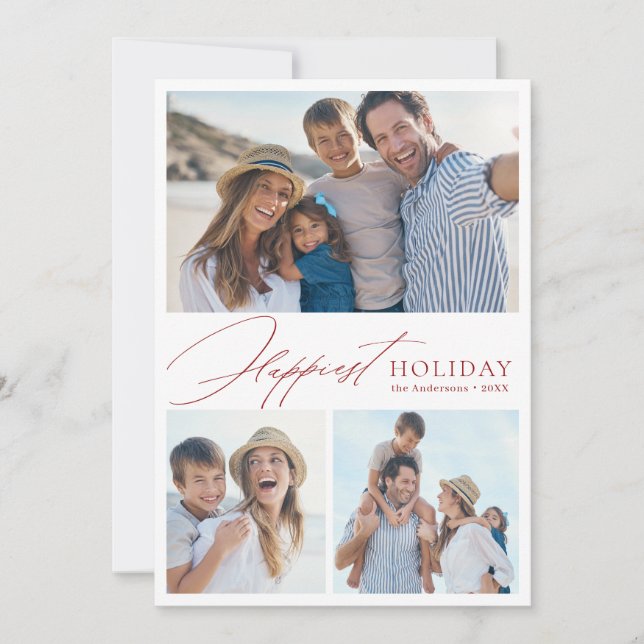 Modern Script Family 3 Photo Happiest Holiday card (Front)