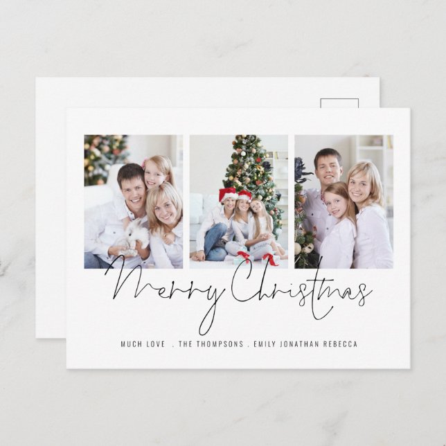 Modern Script Family 3 Photos Merry Christmas  Postcard (Front/Back)