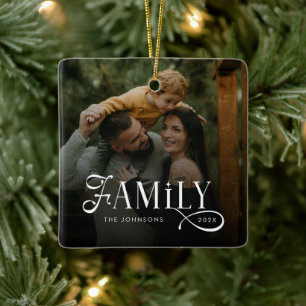 Modern Script Family Custom Photo Name  Ceramic Ornament
