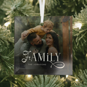 Modern Script Family Custom Photo Name  Glass Ornament