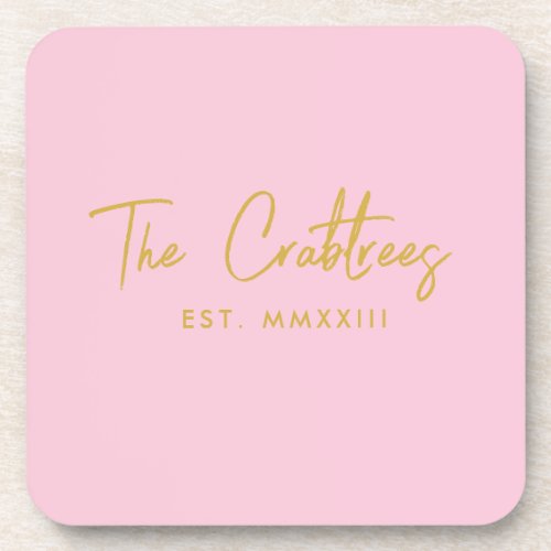 Modern Script Family Monogram Blush and Gold  Beverage Coaster