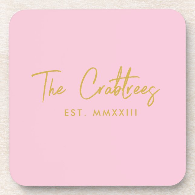 Modern Script Family Monogram Blush and Gold  Beverage Coaster (Front)