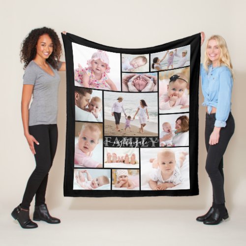 Modern Script Family Name 13 Photo Collage Fleece Blanket