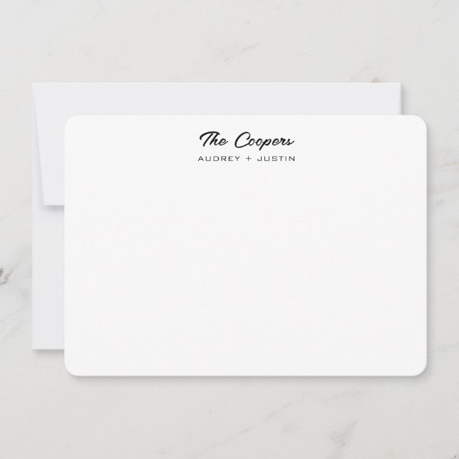 Modern Script Family Name, Black Personalized Flat Note Card (Front)