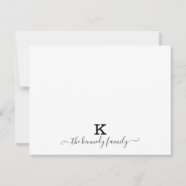 Modern Script Family Name Monogram Black And White Note Card (Front)