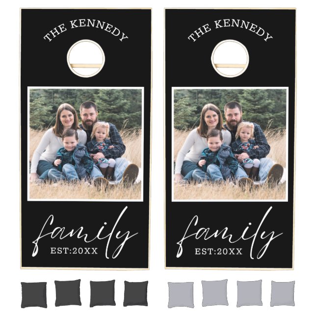 Modern Script Family Name Photo Black And White Cornhole Set (Set)