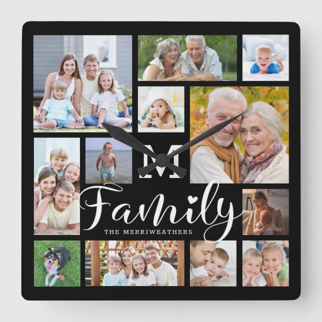 Modern Script FAMILY Name Photo Collage Monogram Square Wall Clock (Front)