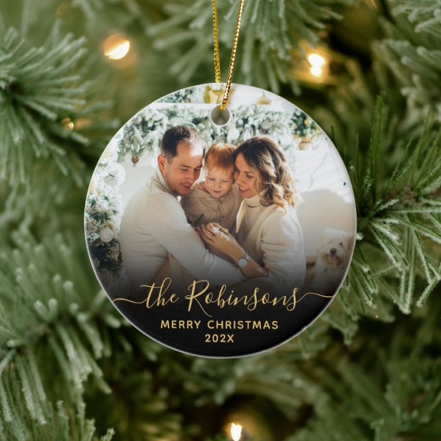Modern Script Family Name Photo Merry Christmas   Ceramic Ornament (Tree)