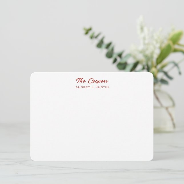 Modern Script Family Name, Red Personalized Flat Note Card (Standing Front)