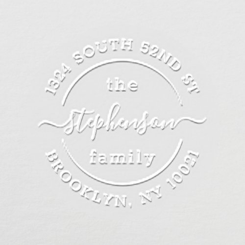 Modern Script Family Name Round Return Address Embosser