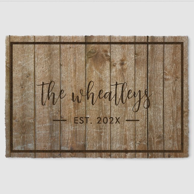 Modern Script Family Name Rustic Wood Look Custom Fiber Doormat (Front)