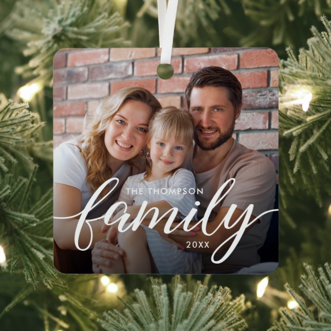 Modern Script Family Photo Christmas Personalized Metal Ornament (Insitu)