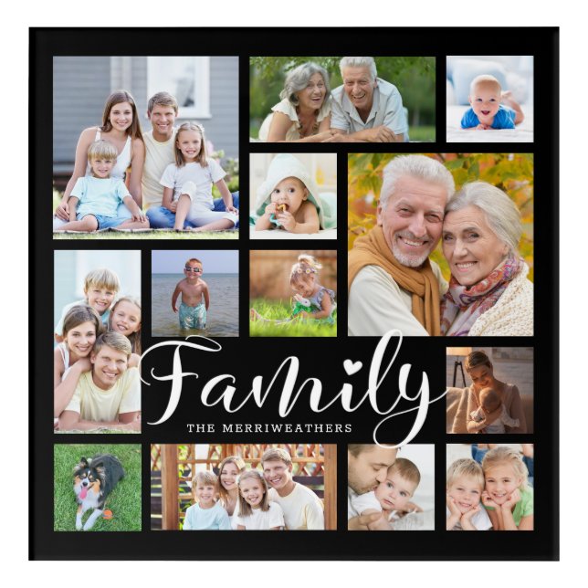 Modern Script FAMILY Photo Collage Black Acrylic Print (Front)