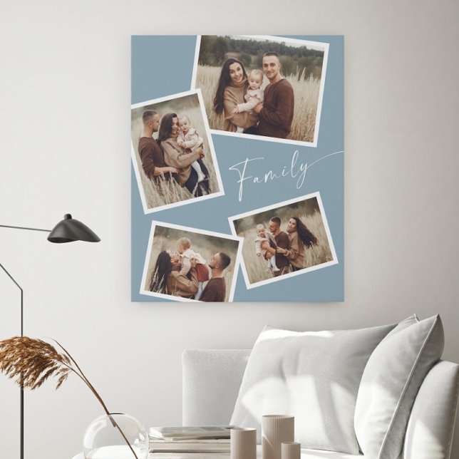 Modern Script Family Photo Collage Faux Canvas Print (A Modern Script Family Photo Collage Faux Canvas Print in Dusty Blue.)