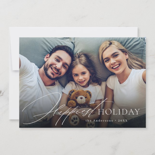 Modern Script Family Photo Happiest Holiday card (Front)
