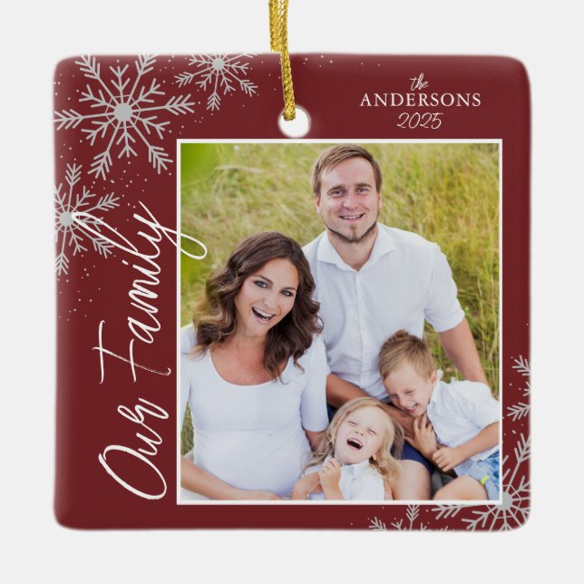  Modern Script Family Photo Red Christmas Ceramic Ornament (Front)