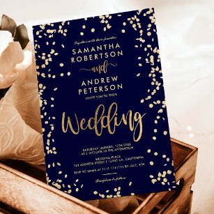 Modern script faux gold confetti navy blue wedding invitation