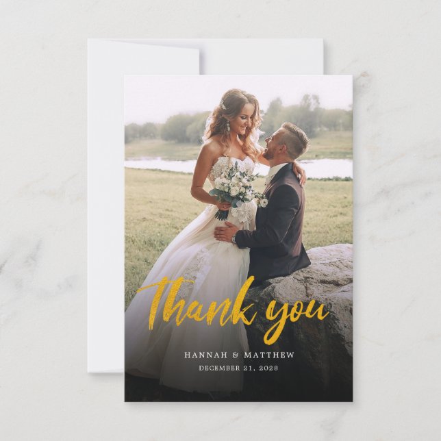 Modern Script Faux Gold Multi Photo Wedding Thank You Card (Front)
