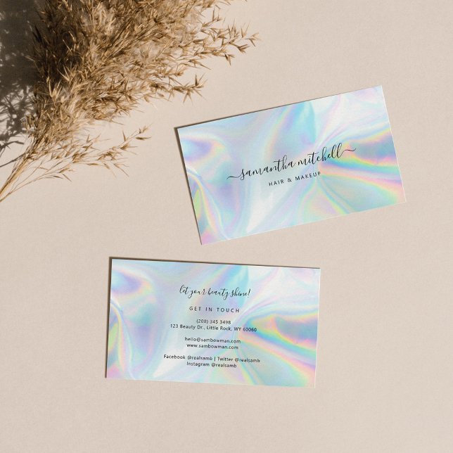 Modern Script Faux Holographic Beautician Makeup Business Card (Creator Uploaded)