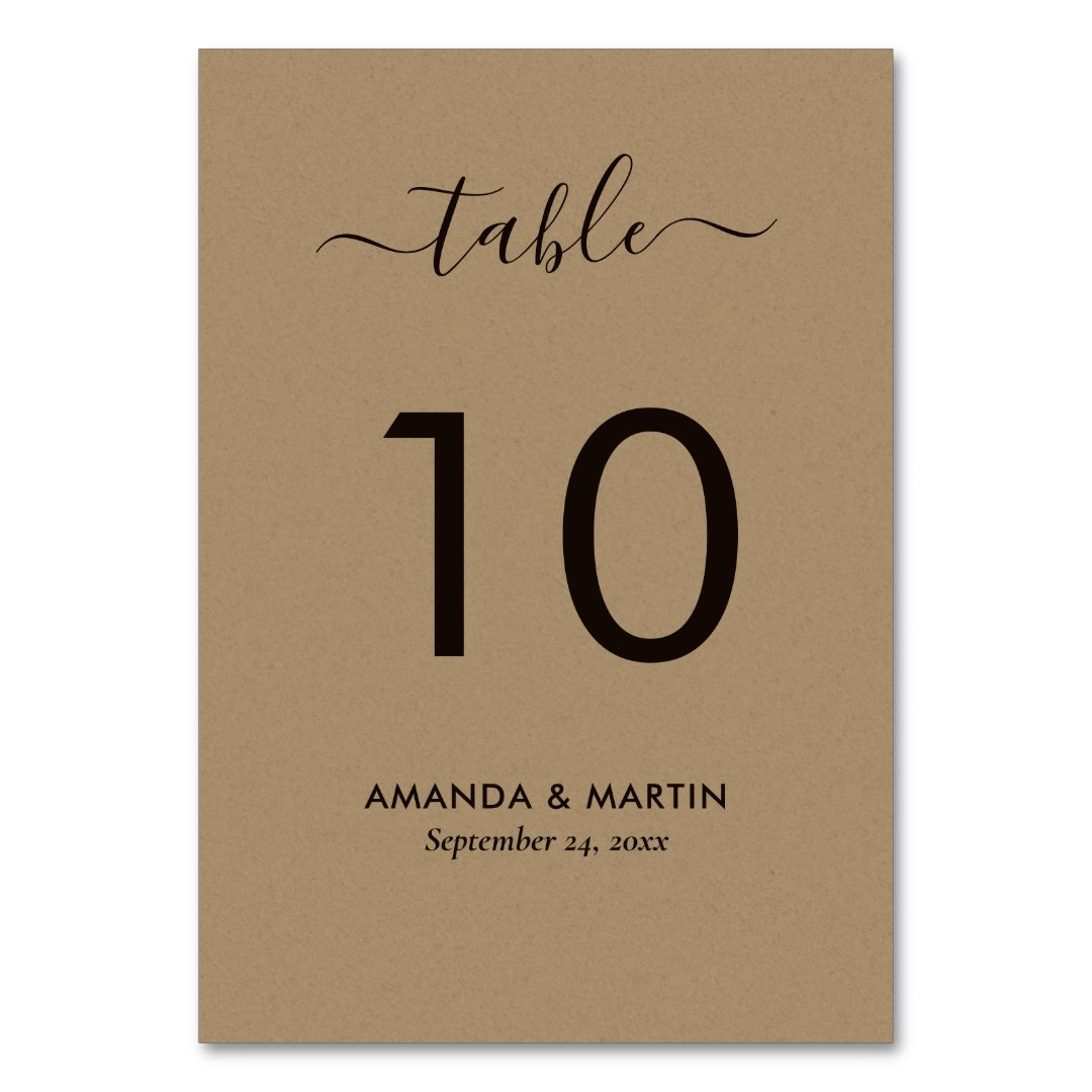 Modern Script Faux Kraft Paper Wedding Table Number Zazzle