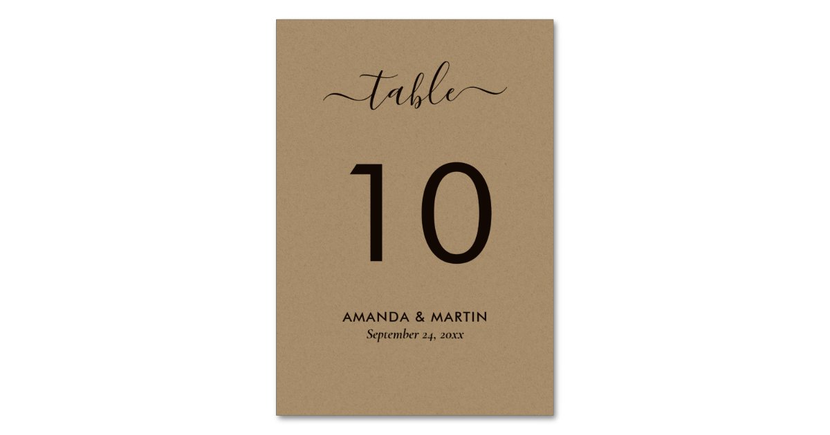 Modern Script Faux Kraft Paper Wedding Table Number Zazzle