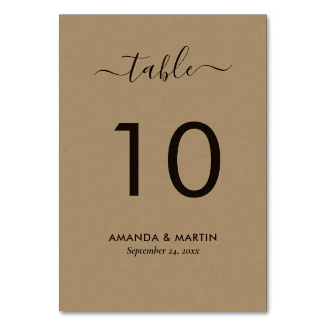 Modern Script Faux Kraft Paper Wedding Table Number Zazzle