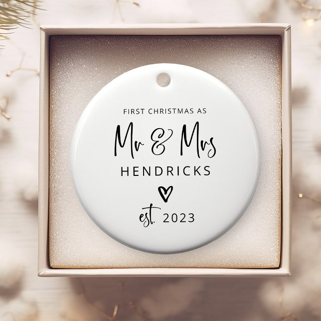 Modern Script | First Christmas as Mr and Mrs Ceramic Ornament (A simple modern Christmas ornament with a heart and the newlywed's name - the perfect keepsake gift!)