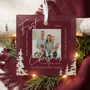 Modern Script First Christmas in New Home Photo Glass Ornament