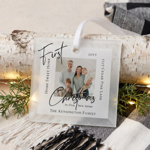 Modern Script First Christmas in New Home Photo Glass Ornament